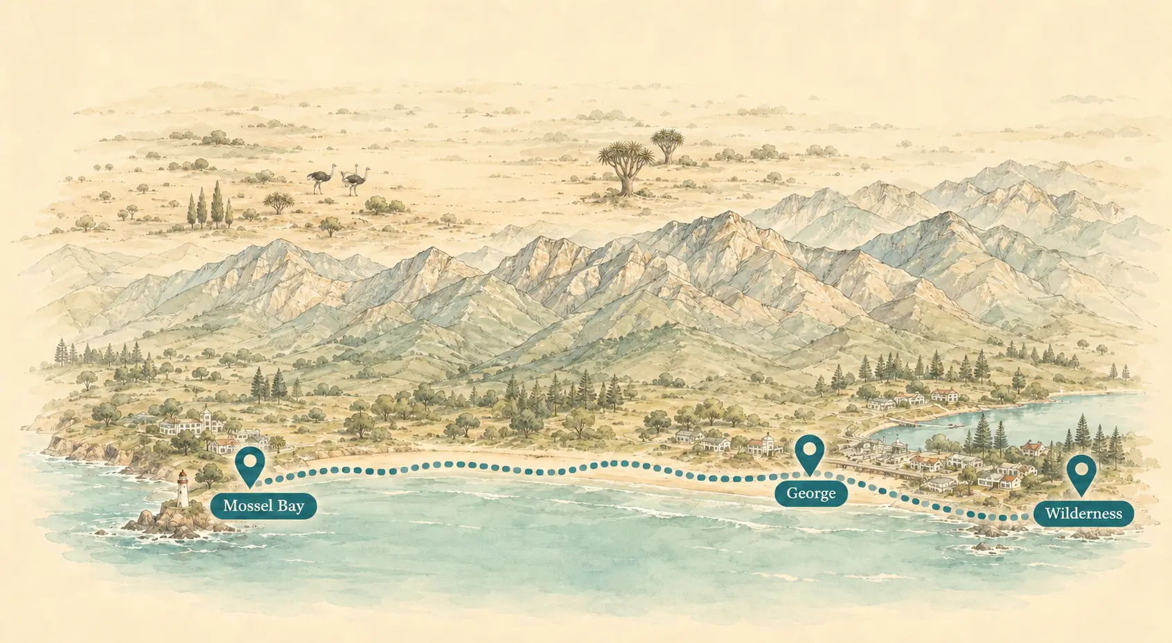 Illustrated Garden Route map with Mossel Bay, George and Wilderness along the coast